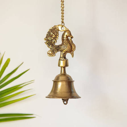 Brass Hanging Bell with Peacock Motif